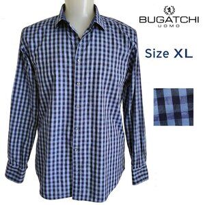 Bugatchi Blue and Black Checkered Casual Button Down Shirt